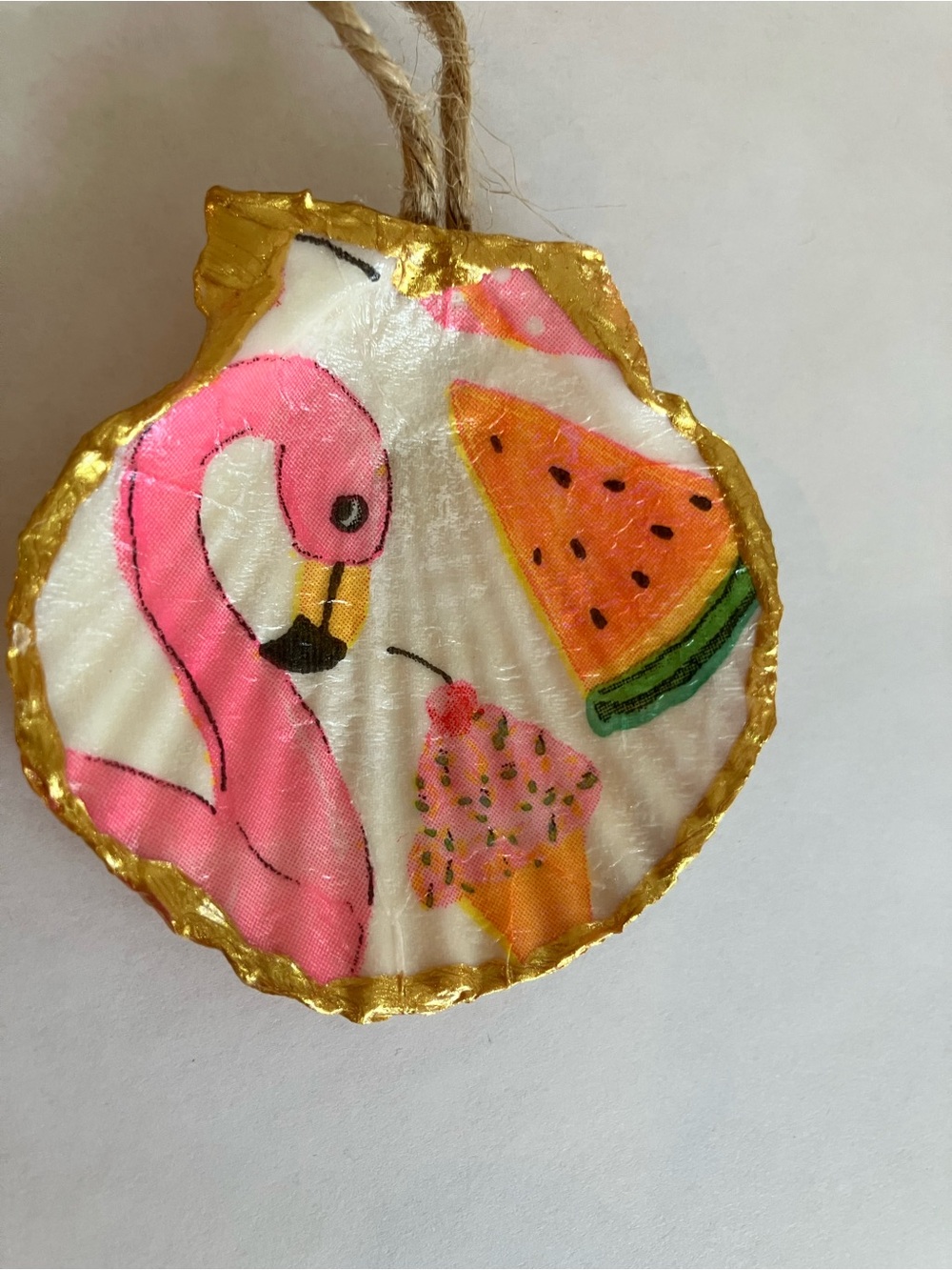 Handcrafted Flamingo Summer Seashell Ornament 3 inch Decoupage